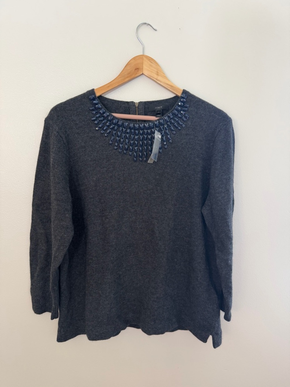 NWT J. Crew Charcoal Sweater with Navy Beaded Collar wool/rabbit hair XL
